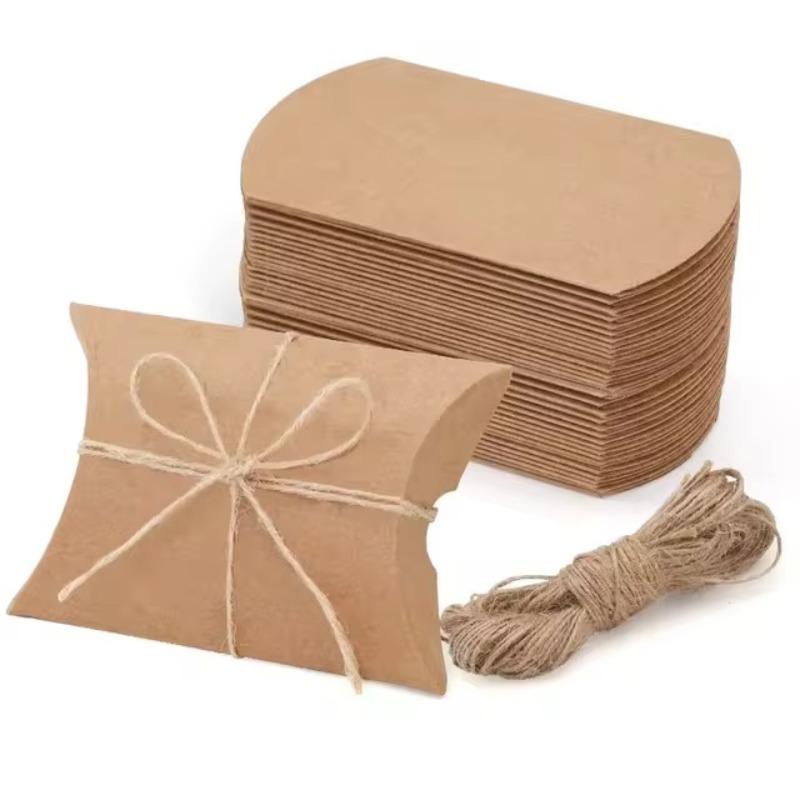 50/100PCS Pillow Paper Box Used for Wedding Party Gift Candy Boxes Home Birthday Kraft Paper Packaging with Jute String