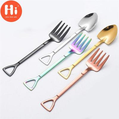 Hi Creative Stainless Steel Shovel Shaped Spoon Fork Colorful Tableware Long Handle Coffee Spoon Teaspoon Stirring Spoon