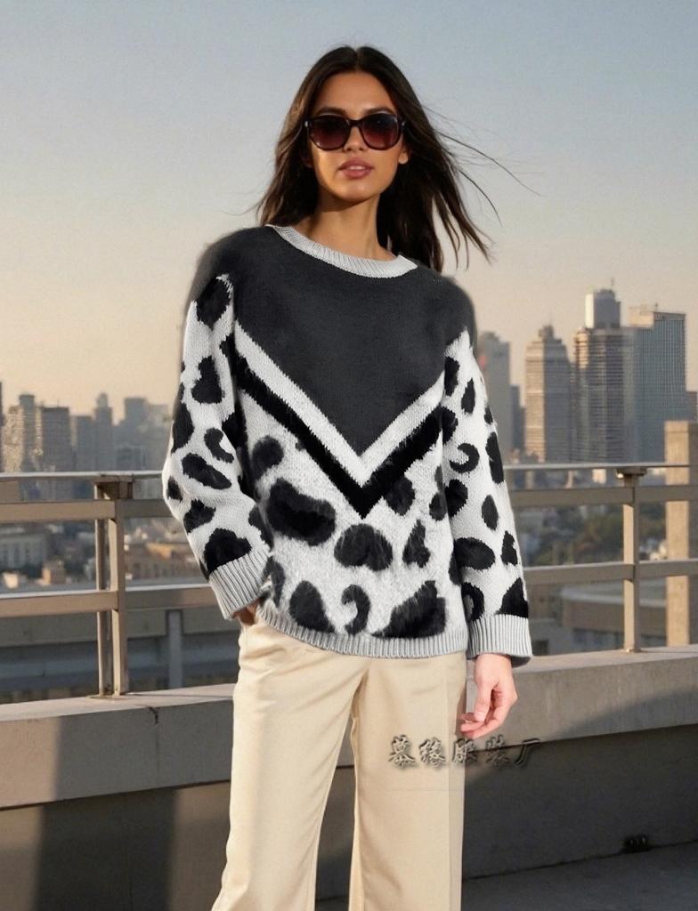 Herbst und Winter neue europäische und amerikanische Damenbekleidung Plüschdruck Strickpullover Rundhals Leopardenmuster Pullover Damen