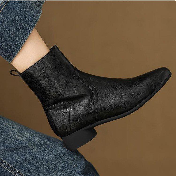 Autumn and winter soft leather pointed retro flat-bottomed small short cotton boots soft-soled Chelsea boots low-heeled slim and bare boots