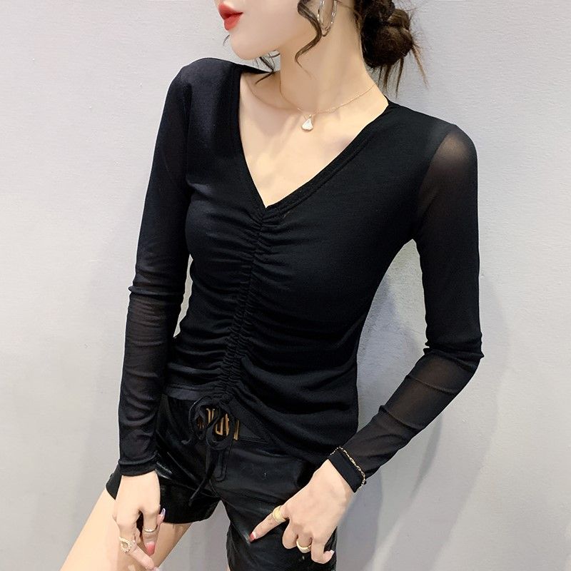 Sexy Fashion Mesh Solid Color T-shirt for Female Spring Autumn New Temperament V-Neck Shirring Slim Tops Women's Clothing