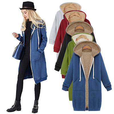 Women Zipper Open Hooded Fleece Sweatshirt Long Coat Jacket Tops Outwear