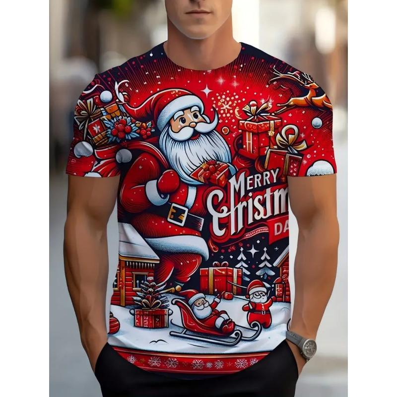 Christmas Men's T-Shirt Cute Santa Claus Pattern Short Sleeve T-Shirt Holiday Fashion Top Tees Casual Comfortable Men's Clothing
