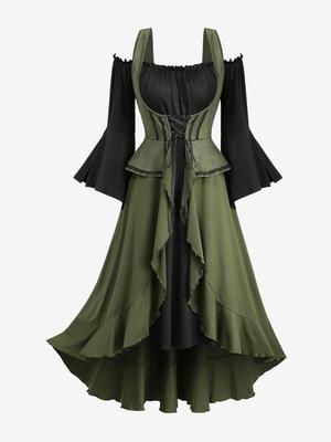 Rosegal Plus Size Lace Up Ruffles Ruched Lettuce Hem Split Flare Sleeve Cold Shoulder 2 In 1 Dress