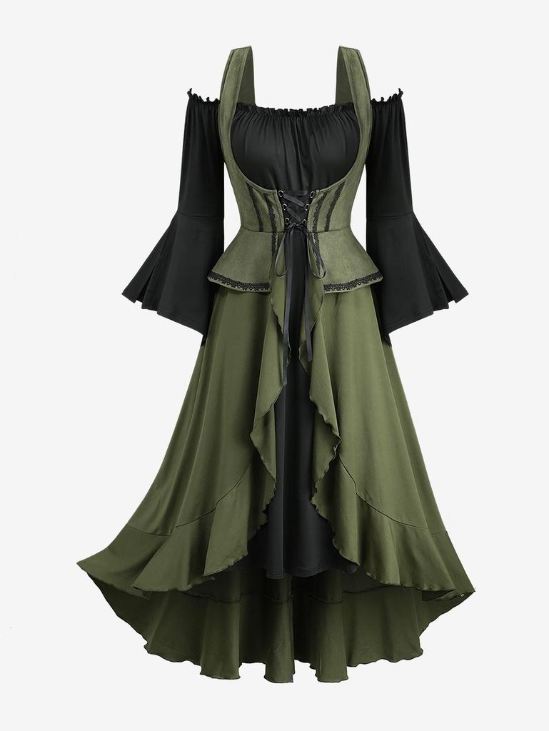 Rosegal Plus Size Lace Up Ruffles Ruched Lettuce Hem Split Flare Sleeve Cold Shoulder 2 In 1 Dress