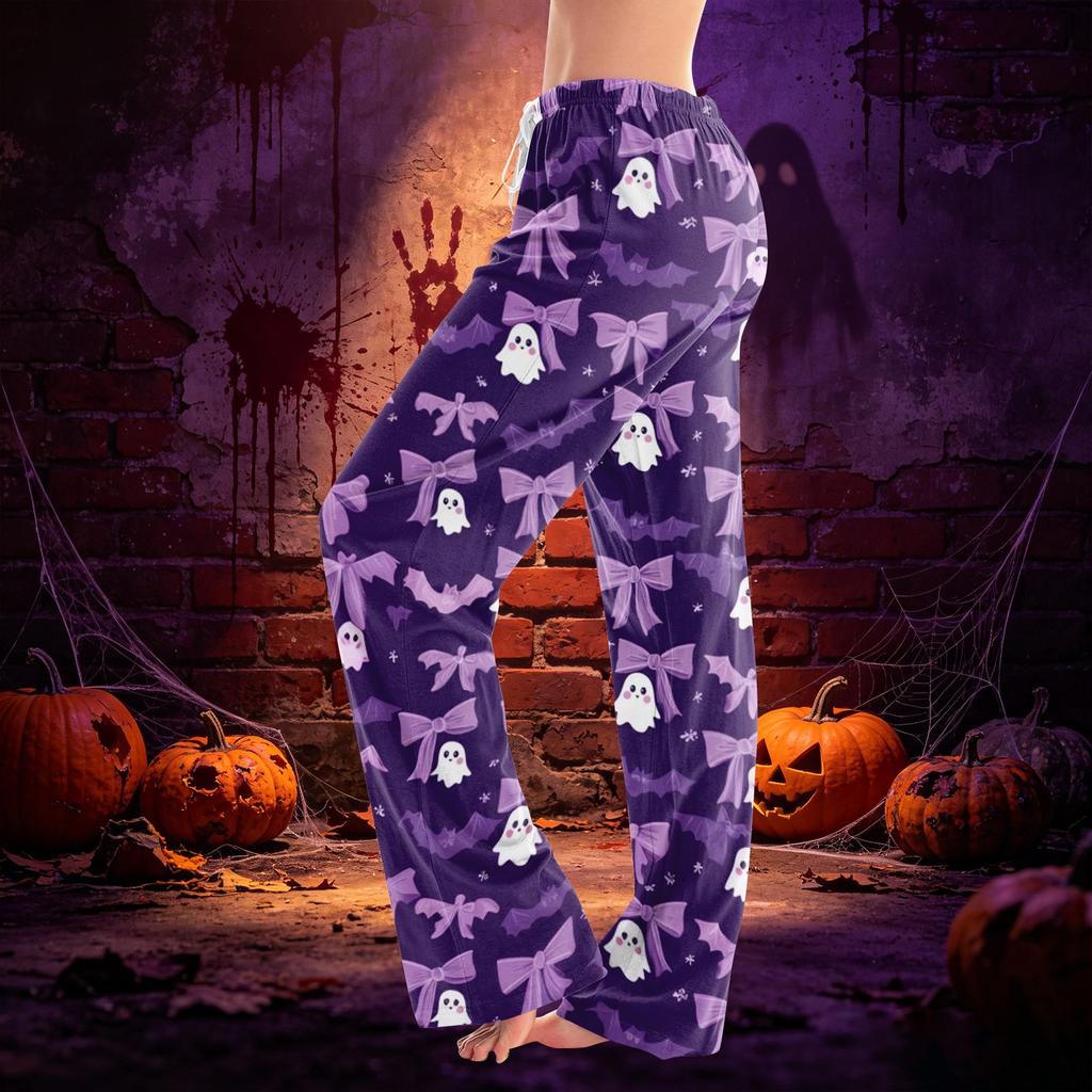 Women Drawstring Waist Halloween Print Long Pants Relaxed Fit Casual Trousers for Seasonal Festive Wear
