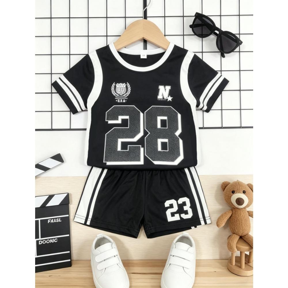 

28 letter printed short sleeved shorts set for boys with a sporty style 150