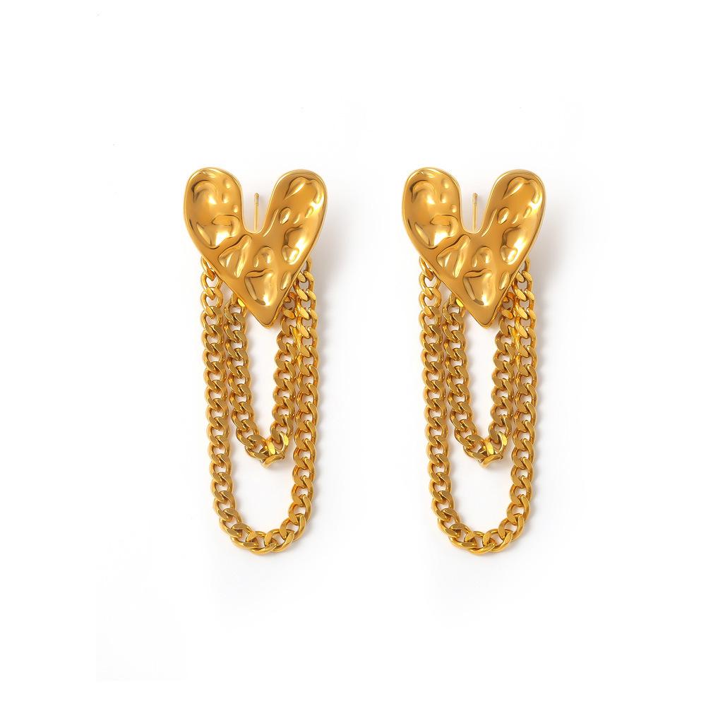 European & American Retro Heart Tassel Earrings - Hammered Texture Stainless Steel