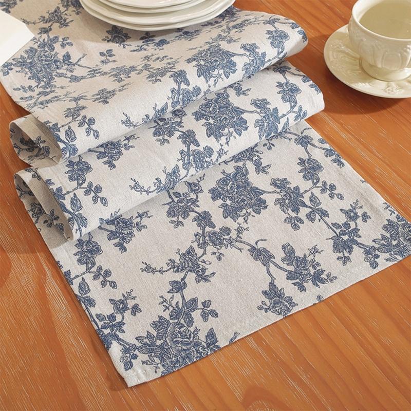 Tischdecke aus Baumwoll-Leinen mit blauem Blumenmuster im Landhausstil, waschbar, robust, in verschiedenen Größen erhältlich
