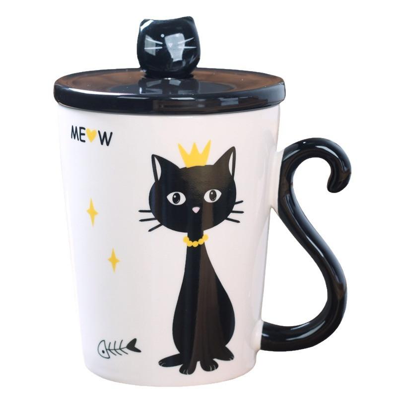 Personalized Cartoon Cat White Porcelain Handle I Ceramic Cup with Lid Office Coffee Cup Creative Student Milk Drinking Water Cup