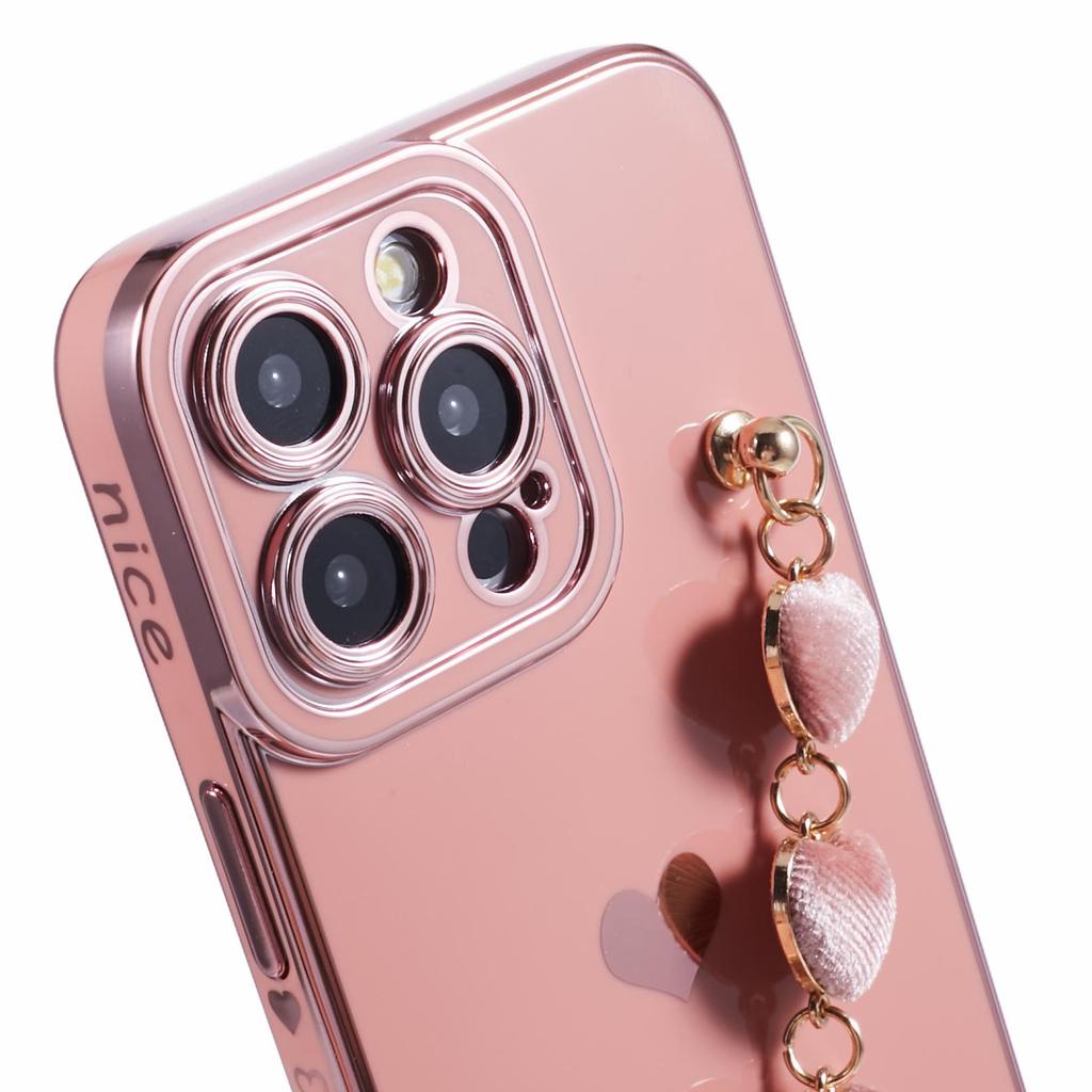 For iPhone 13 Pro Case Electroplating Edge Heart Pattern TPU Phone Cover with Strap