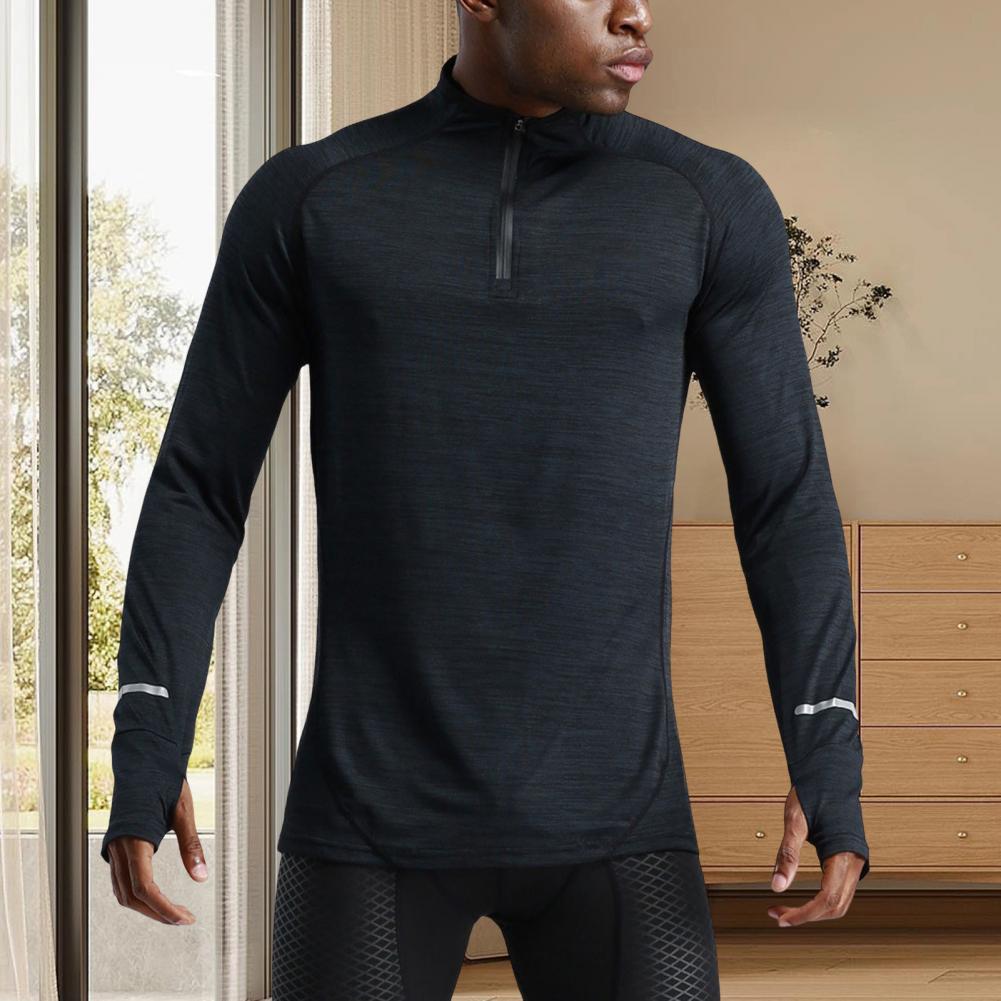 Men Sport Top Zipper Stand Collar Thin Sweat Absorption Quick-drying Long Sleeve Solid Color Basketball Training Fitness Workout