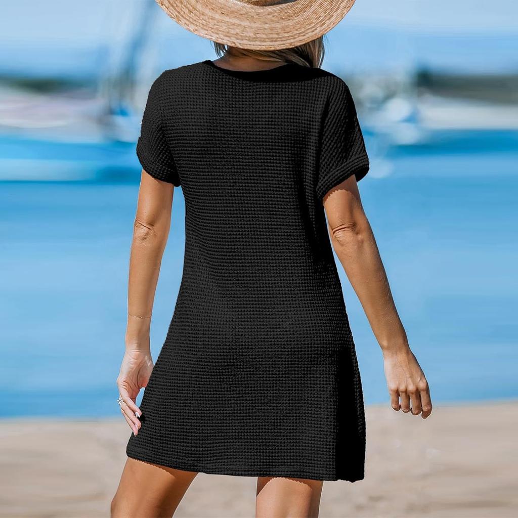 Modisches Damen-Farb-V-Ausschnitt-Locker-Taschen-Pulloverkleid