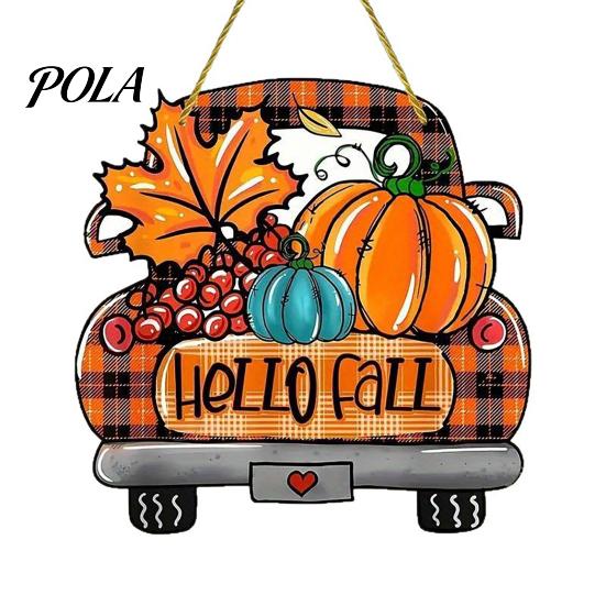Orange Maple Leaf Ornament Hello Fall Wooden Hanging Sign, Retro Plaid Pickup Truck Ornaments, Wall Pendant Autumn Harvest Party Supplies with Pumpkin