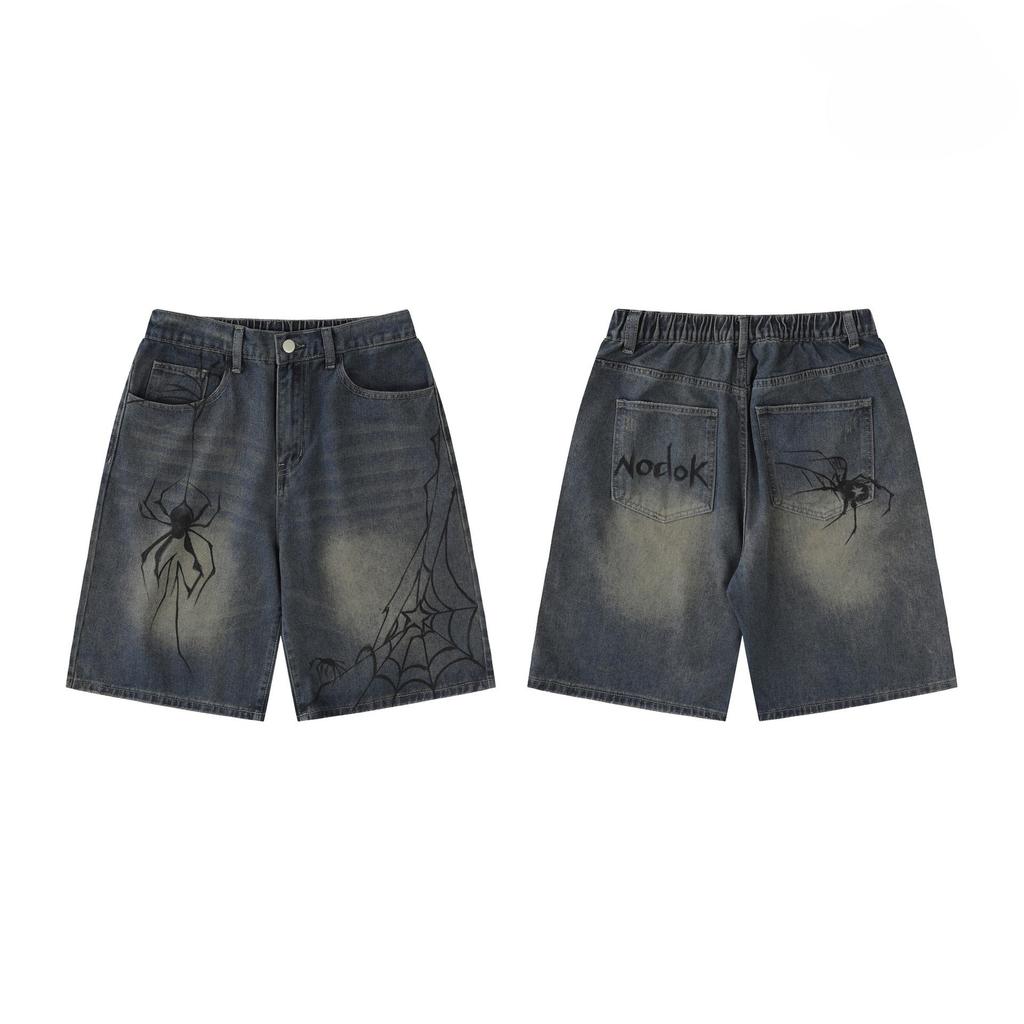 Y2K Streetwear Breeches Spider Cobweb Korean Harajuku Denim Hip Hop Short Pants Grunge Bermudas Jeans Shorts Men Clothes