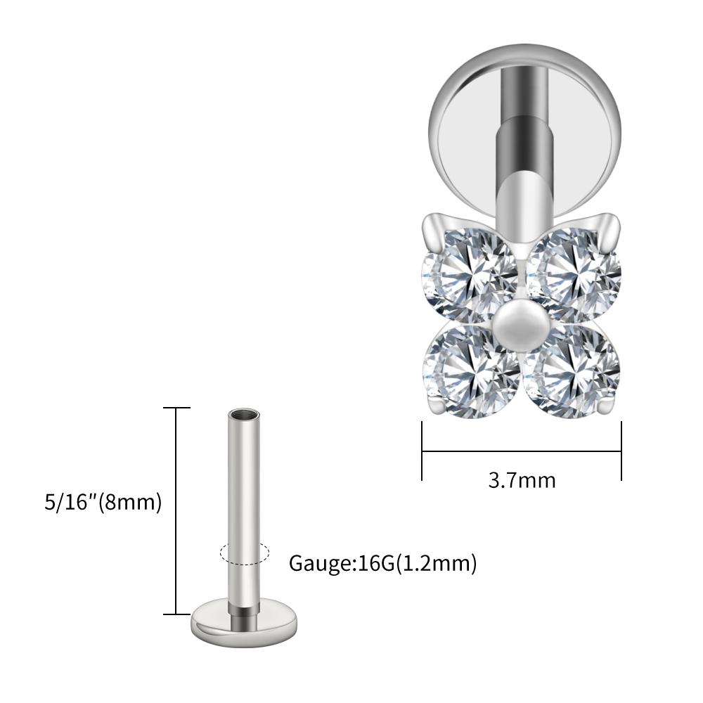 Right Grand ASTM F136 Titanium Flower CZ Cartilage Earring 16G Four Leaf Helix Tragus Stud Flat Back Labret Piercing Jewelry