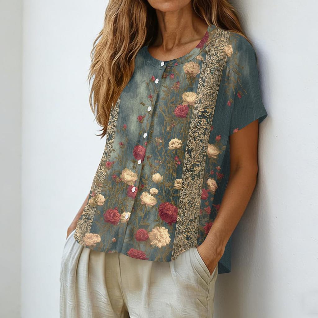 Women's Vintage Style Henley Collar Button Front Floral Print Blouse Short Sleeve Casual Top Lightweight Fabric Relaxed Fit
