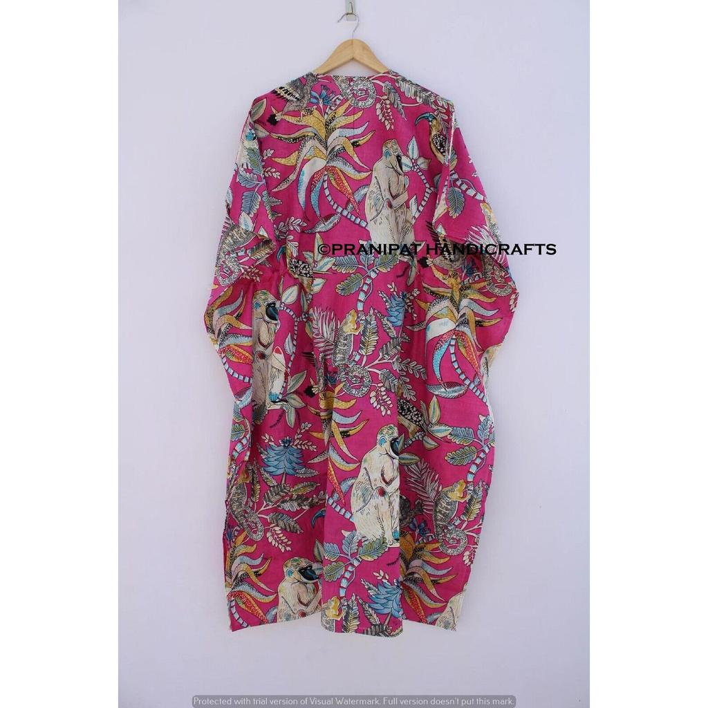 Women Cotton Pink Summer Sleepwear Beach Cover up Monkey Print Long Caftan Dress CKFTN-SCRN-FULL-BUYIT-127