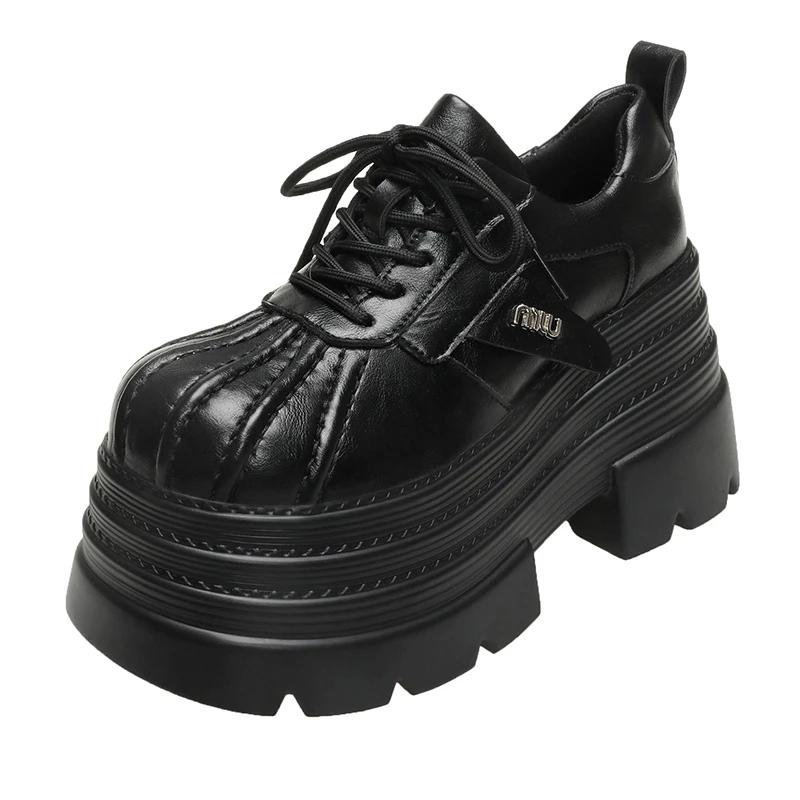 

New Spring Women s Leather Sneakers High Platform Lace-up Casual Shoes Thick Sole 10CM Heels Walking Shoes Mujer 39