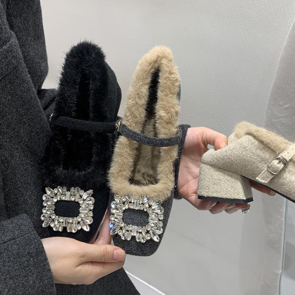 Warme Damen-High Heels Strass dicker Fleece quadratische Spitze Fleece-Mützen-Schuhe Damenschuhe Einzelne Schuhe Mary Jane