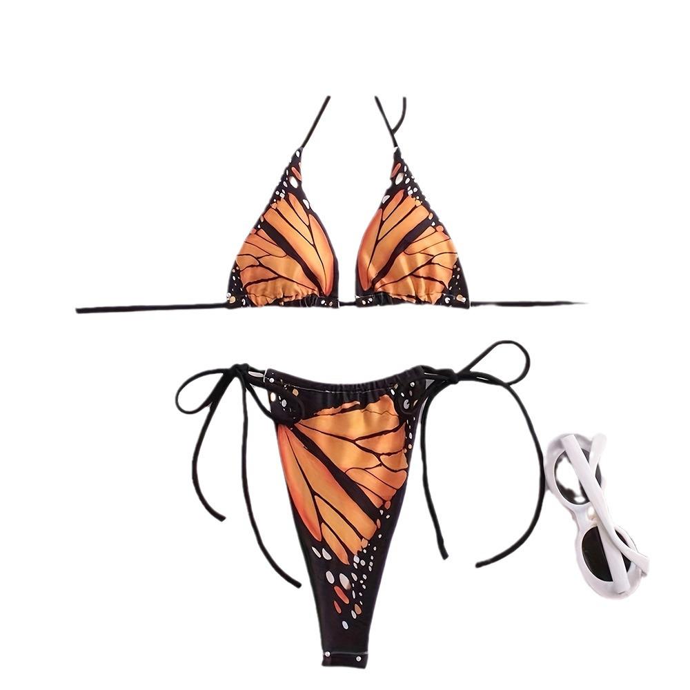 Damen 3-teiliger Badeanzug mit Schmetterlingsdruck, tiefem V-Ausschnitt und rückenfrei