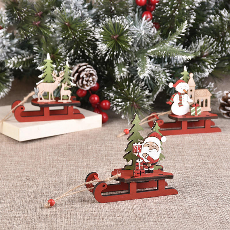 Cute Christmas Sledge Shape Ornaments DIY Wooden Santa Snowman Desktop Decor Holiday Xmas Tree Assembled Wood The Assembly Decoration
