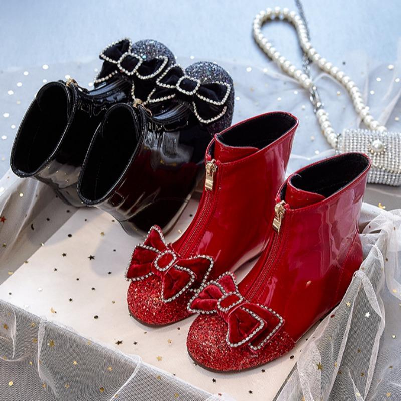 Girls Boots Children's Spring and Autumn Single Boots Baby Boots Winter Plus Velvet Leather Boots Princess Crystal Short Boots