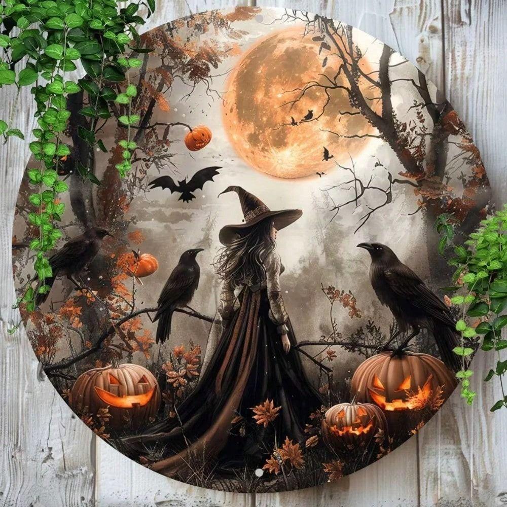Vintage Hexe Rundes Metall-Wandschild Halloween Bar Büro Dekor