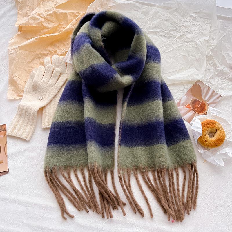 Retro wool scarf women's winter high-end sense versatile striped color matching warm knitted thickened scarf