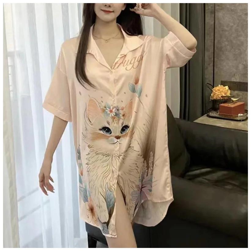Women's Short Sleeve Ice Silk Sleep Dress Nightgown Plus Size 4XL Pajamas Shirt Sundress Loose Home Clothes