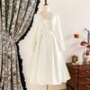 Women Elegant Long Sleeve Dress with Pearl Trim Square Neck A-line Midi Formal Party Gown