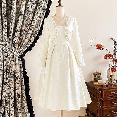 Women Elegant Long Sleeve Dress with Pearl Trim Square Neck A-line Midi Formal Party Gown