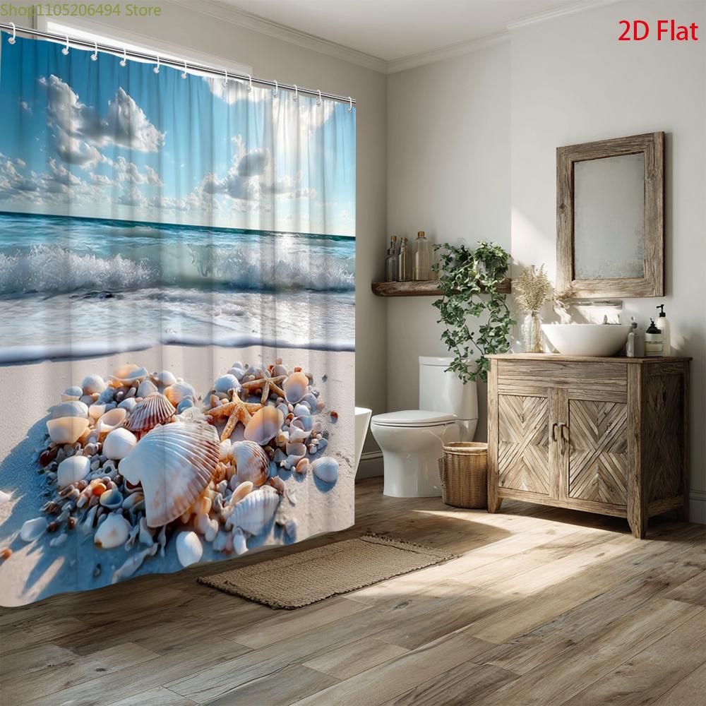 2D Flat, 1Pc Coastal Beach Shower Curtain With Seashells, Starfish & Ocean Waves - Bath Curtain Suitable For Bathtub/Shower, M