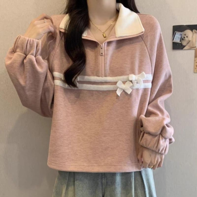 Pink Half Zip Ladies Hoodless Hoodie Loose Turndown Collar Bow Patchwork Design Women's Sweatshirt Autumn Trendy Fashionable Casual Famale Pullovers