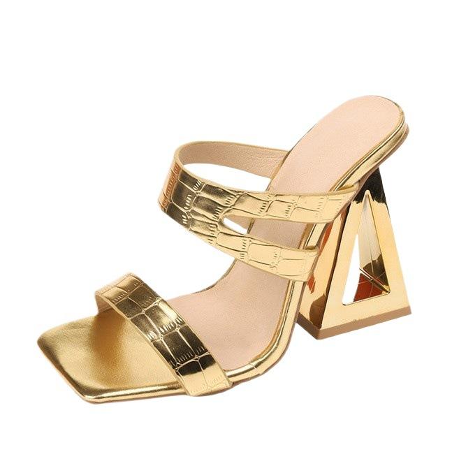 -Large Size Slippers Women's Slope Heel One-word Slippers Women's Niche Design Thick Heel High Heel Gold Sandals