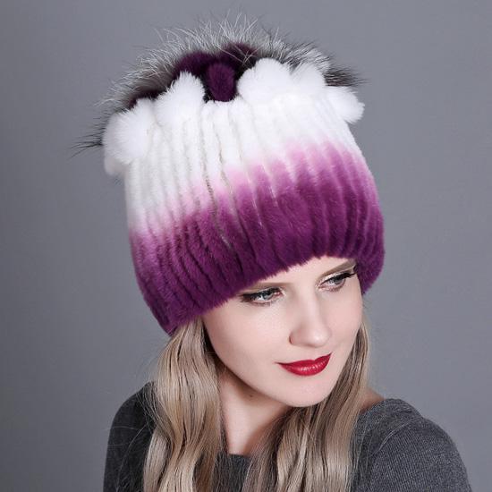 KAISHIN Women's Real Rex Rabbit Fur Beanie – Floral Knitted Winter Hat, One Size Fits Most - View #3