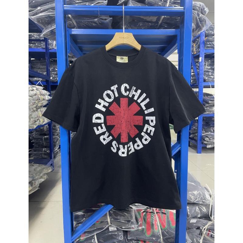 25SS High quality Vintage Rock Red Chili Printed Band Short Sleeve Heavy Washed Cotton Loose Casual Oversize Street Pop T-shirt