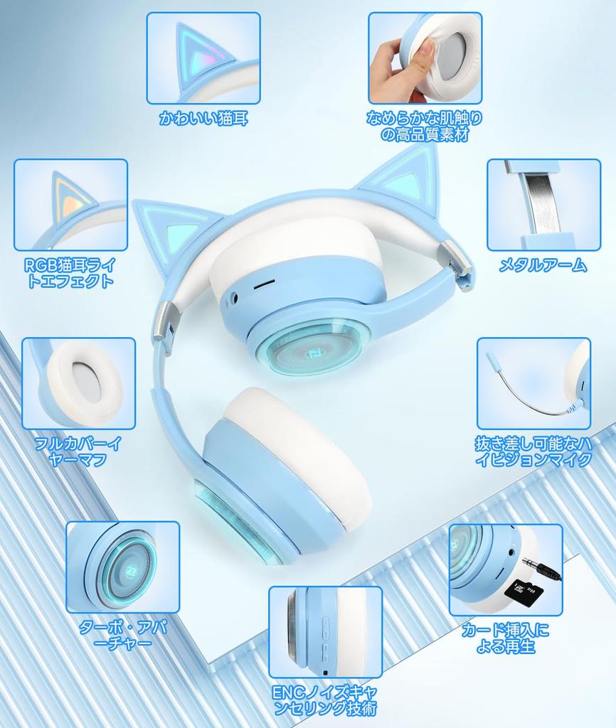 Absdefen 5.3 Katzenohren-Kopfhörer, Kabellose Bügel-Bluetooth-Kopfhörer mit LED, ENC-Geräuschunterdrückung, HIFI RGB-Beleuchtung, IPX5, 40mm3,5mm Audio