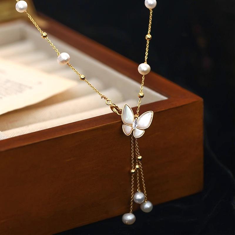 Titanium Steel Butterfly Tassel Necklace with Freshwater Pearls and Mother-of-Pearl for Women