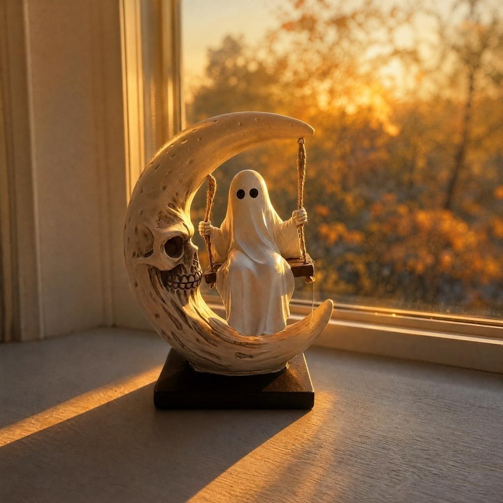 Halloween Resin Skeleton Figurine Moon Swing for Home Decor