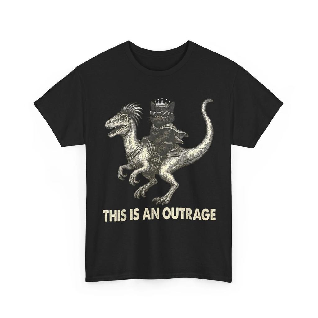 This Is an Outrage Cat Ridding Dinosaur Meme Funny Sarcastic T-Shirt