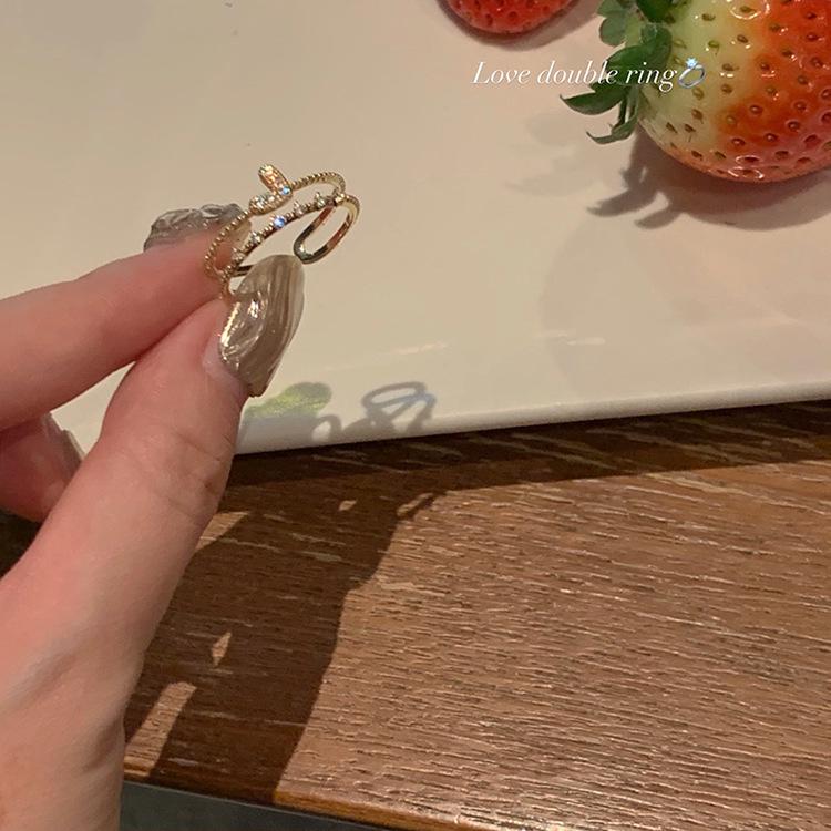 Korean Luxury Zircon Pearl Bow Ring - Vintage Niche Design, Women's Open Hand Jewelry