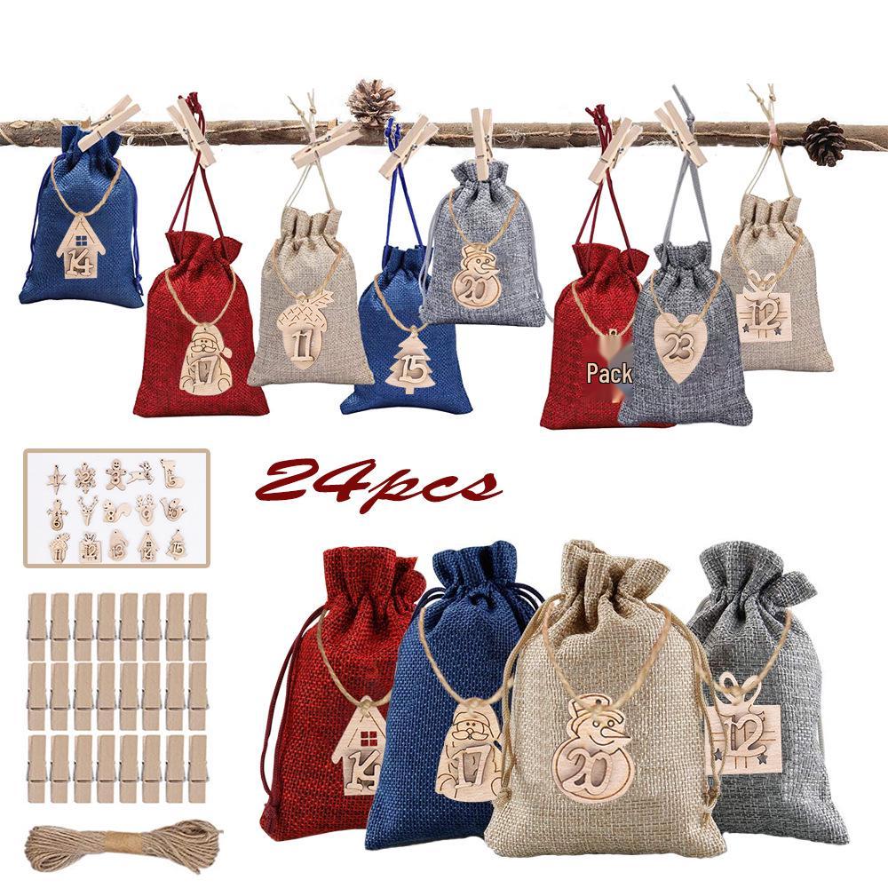 

4-Color Advent Calendar Burlap Bag with Drawstring Closure - Customizable Wooden Tag Christmas Countdown Gift Bag