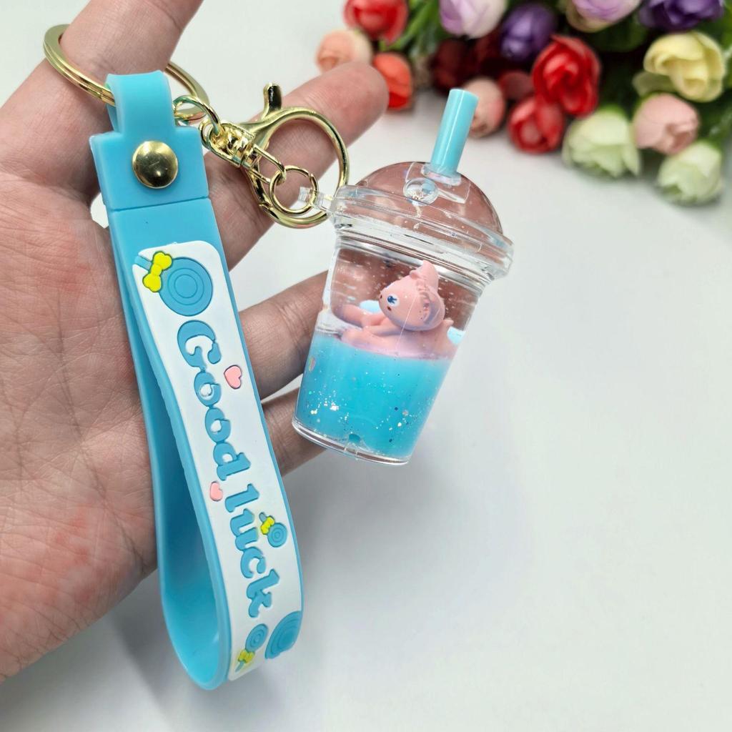 Exquisite Milk Tea Cup Keychain: Cute Oil-Filled Floating Charm for Bags or Claw Machine Gifts