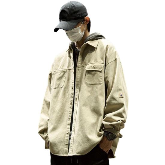 Men Jacket Lapel Long Sleeve Flap Pockets Solid Color Coat Loose Fit Buttons Placket