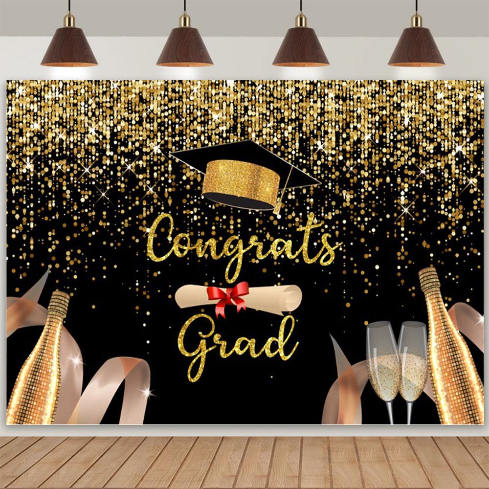 Abschlussfoto-Hintergrund, Glückwünsche, Abschlussfeier, Abschlusskappe mit gold-schwarzem Pailletten, Plakat mit personalisiertem Text, Banner
