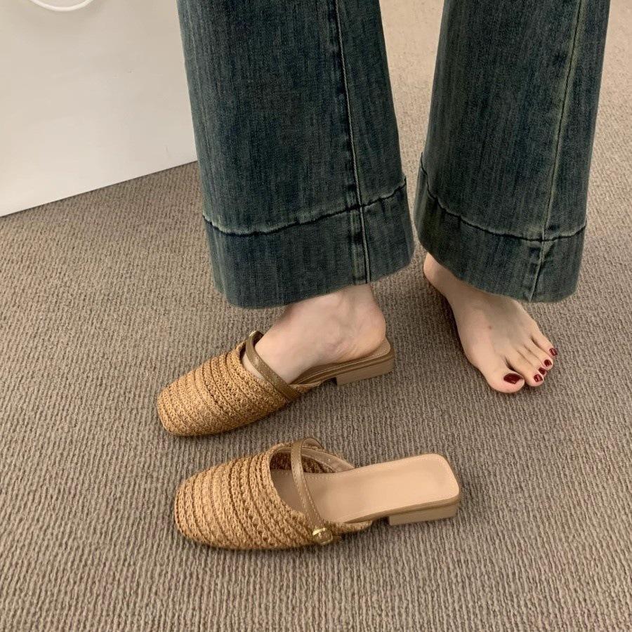 Breathable Woven Bag Head Half Slippers, Women's Summer Wear Is Not Tired, Flat Feet and One Pedal Lazy Cool Slippers