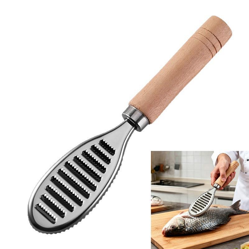 Stainless Steel Fish Scale Remover, Manual Fish Scaler With Wood Handle, Fish Cleaning Tool, Built-In Ginger Garlic Grater