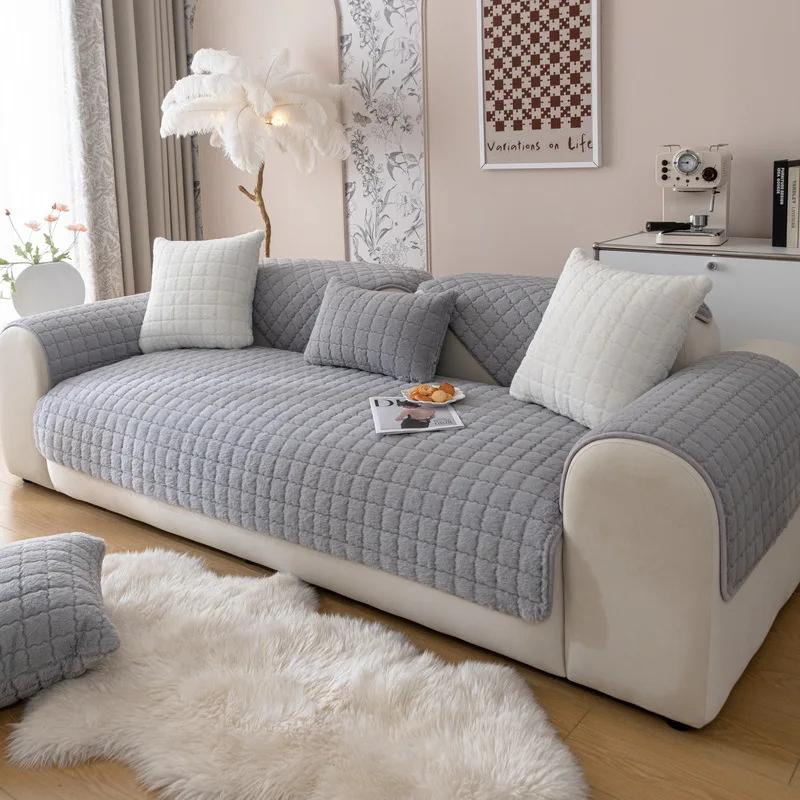 2026 Checkered Solid Color Sofa Cover Fabric for Autumn and Winter Thickened Warm Sofa Cushion Cover Soft and Sticky Anti Slip