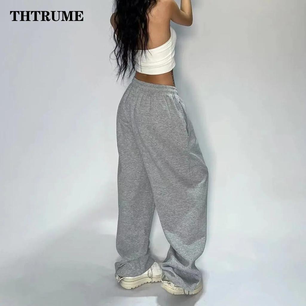 Women Solid Pant Fashion Summer Oversized Vintage Pocket Drawstring Wide Leg Pants Baggy Chic Trousers